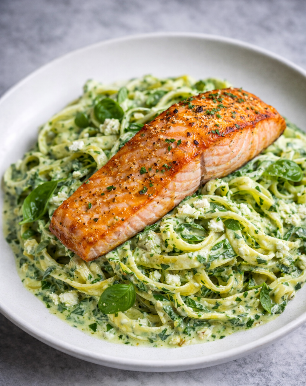 Fetuccini al pesto con Salmon